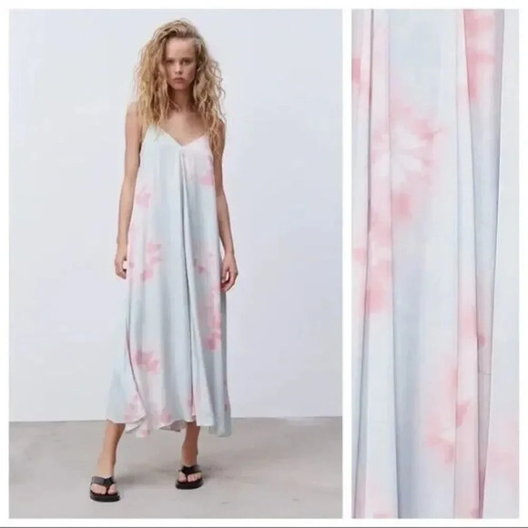 ZARA WOMAN TIE-DYE DRESS Size Medium Pink Blue FLOWING MIDI STRAPPY SATIN Summer - Picture 2 of 16